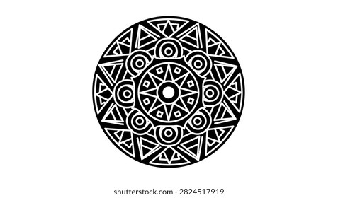 A detailed monochromatic circular mandala pattern featuring concentric circles triangles and star motifs in a symmetrical stylized design