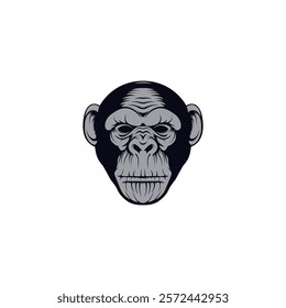 A detailed, monochromatic illustration of a chimpanzee's face with a serious expression.