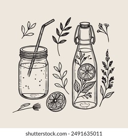 A detailed monochromatic illustration featuring a mason jar with a straw and a decorative bottle with lemon slices and herbs. Surrounding the bottles are various botanical elements. 