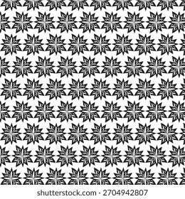 Um padrão de repetição monocromático detalhado com motivos florais estilizados ou estrelas dispostos em uma grade densa e simétrica. O design oferece uma sensação de profundidade e textura através de sua intrincada