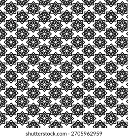 Um padrão de repetição monocromático detalhado com delicadas formas florais pretas em forma de estrela contra um fundo branco sutilmente texturizado, criando um design visualmente complexo e elegante.