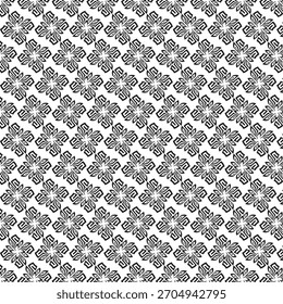 Um desenho têxtil monocromático e detalhado apresenta um padrão repetitivo de elementos florais estilizados entrelaçados com formas geométricas, criando uma textura de superfície complexa e visualmente envolvente.