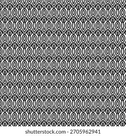 A detailed, monochromatic textile-like pattern features rows of repeating, stylized organic shapes. The design exhibits a strong sense of symmetry and visual rhythm, creating a complex and decorative