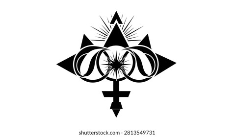 A detailed monochromatic vector illustration featuring an intricate alchemical design with a feminine cross base and radiating sunburst sun symbols.