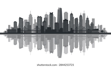 A detailed monochromatic vector illustration of a generic city skyline. The composition features various architectural structures, including office towers, residential apartments, and prominent bridges. A symmetrical reflection is visible below the horizon line, creating a mirror effect on a flat water body, suitable for urban development and business concepts.