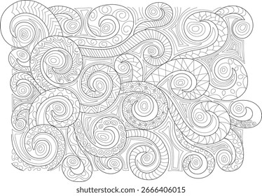 Padrão abstrato monocromático detalhado com redemoinhos calmantes e elementos geométricos, ideal para relaxamento criativo, arte da atenção plena e atividades de alívio do estresse.
