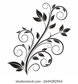 Detailed monochrome artwork of a floral scroll featuring swirling stems and botanical beauty, isolated on a white backdrop.