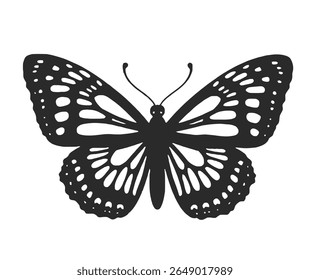 Ilustração detalhada e monocromática de borboleta com asas abertas, apresentando padrões delicados e antenas contra um pano de fundo branco limpo.