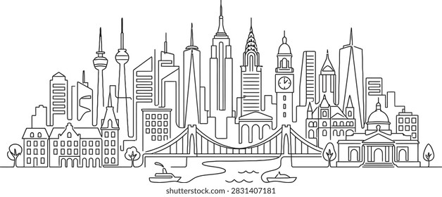 Detailed monochrome drawing featuring a gothic cathedral with spires and flying buttresses surrounded by medieval buildings
