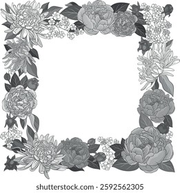 A detailed Monochrome floral vector illustration, square frame adorned with lush peonies, chrysanthemums, cherry blossoms, and rosebuds with leaves on white background