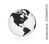 Detailed Monochrome Globe Centered on Americas. A monochrome globe showing a detailed world map with a focus on North and South America, isolated on a clean white background. 