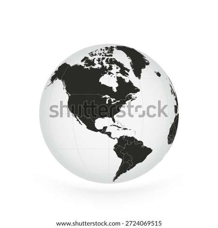 Detailed Monochrome Globe Centered on Americas. A monochrome globe showing a detailed world map with a focus on North and South America, isolated on a clean white background. 