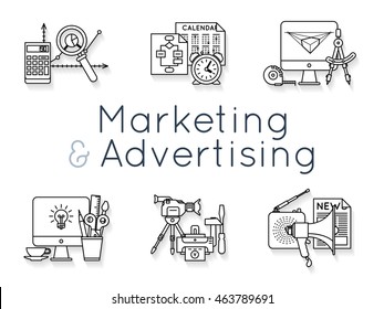 Detailed monochrome icons set with different accessories of marketing and advertising process. Plain vector illustrations isolated on white background.