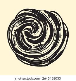 Ilustração monocromática detalhada de uma massa de espiral de brioche de canela, perfeita para temas de padaria vintage, projetos de embalagens de alimentos, ou impressões de receitas retrô e marca culinária.