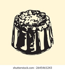Ilustração monocromática detalhada de uma pastelaria canelé clássica francesa com forma canelada e textura rica. Perfeito para arte de sobremesa vintage, marca de padaria ou elementos de design culinário.