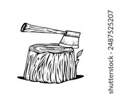 Detailed monochrome illustration featuring an axe stuck in a tree stump, symbolizing lumber and forestry.