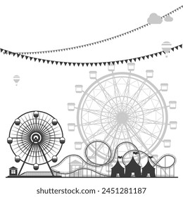 Detailed monochrome illustration of a Ferris wheel, isolated on white background, showcasing intricate design, suitable for various creative projects.