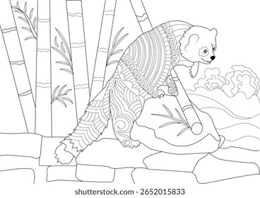 Ilustração monocromática detalhada de um panda vermelho com padrões ornamentados, definido contra um pano de fundo de bambu exuberante, perfeito para diversão de coloração criativa.