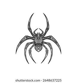 Detailed monochrome illustration of Spider with complex geometric accents and symmetrical tribal-style elements. Ideal for tattoo ideas, design assets, or spiritual symbolism.