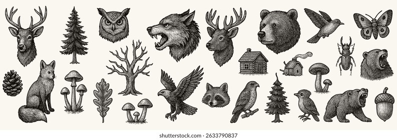 Detailed monochrome illustrations of forest animals and elements create a wild nature pattern