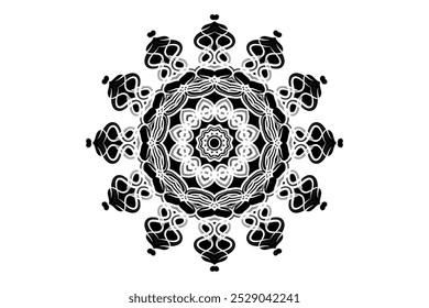 Detailed monochrome mandala drawing featuring a circular design with artistic geometric patterns