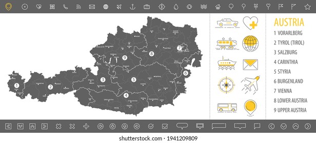 Detailed monochrome map of Austria, gray country territory with geographic borders and administrative divisions on white background, travel icons set, vector illustration