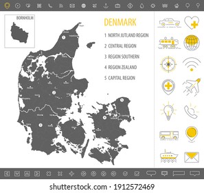 Detailed monochrome map of Denmark, gray country territory with geographic borders and administrative divisions on white background, travel icons set, vector illustration