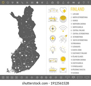 Detailed monochrome map of Finland, gray country territory with geographic borders and administrative divisions on white background, travel icons set, vector illustration