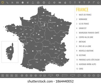 Detailed monochrome map of France, gray country territory with geographical borders and administrative divisions on a white background, travel icons set, vector illustration