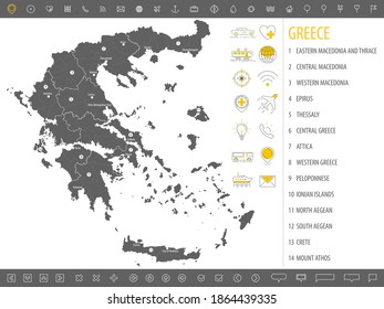 Detailed monochrome map of Greece, gray country territory with geographic borders and administrative divisions on white background, travel icons set, vector illustration