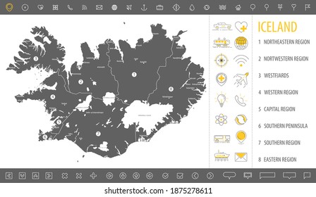 Detailed monochrome map of Iceland, gray country territory with geographical borders and administrative divisions on a white background, travel icons set, vector illustration