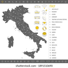 Detailed monochrome map of Italy, gray country territory with geographic borders and administrative divisions on white background, travel icons set, vector illustration