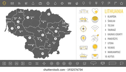 Mapa monocromático detallado de Lituania, territorio de país gris con fronteras geográficas y divisiones administrativas sobre fondo blanco, conjunto de iconos de viaje, ilustración vectorial
