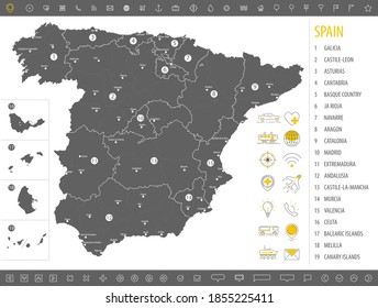 Detaillierte monochrome Karte Spaniens, graues Staatsgebiet mit geografischen Grenzen und Verwaltungsabteilungen auf weißem Hintergrund, Reihe von Reisesymbolen, Vektorgrafik