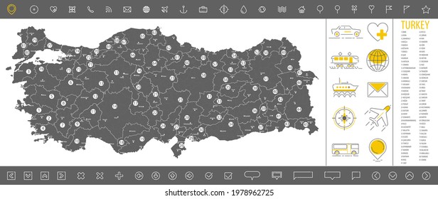 Detailed monochrome map of Turkey, gray country territory with geographic borders and administrative divisions on white background, travel icons set, vector illustration