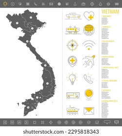 Detailed monochrome map of Vietnam, gray country territory with geographic borders and administrative divisions on white background, travel icons set, vector illustration