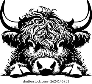 Detailed Monochrome peeking Highland Cow Face