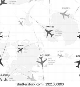 Detailed monochrome radar map with planes, seamless pattern