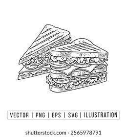 Detailed Monochrome Sandwich Sketch – Free Vector Download