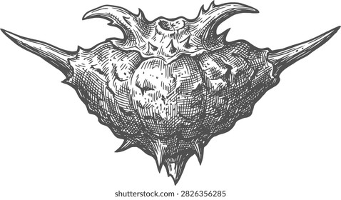 Detailed monochrome sketch of a devil pod water chestnut showing sharp horns, suitable for botanical educational web assets.