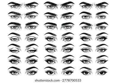 Detailed monochrome vector eye expression study grid showcasing various human eye gazes and emotions in artistic linework