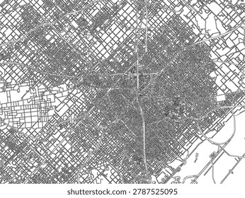 Detailed monochrome vector line art of Osaka Japan metropolitan road network with urban streets, geography linework, city plan scheme, and transportation atlas reference.