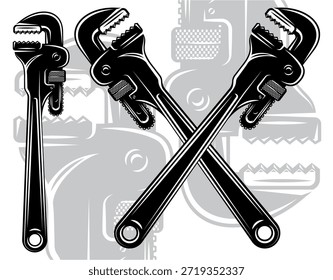 Conjunto de Vector monocromático detallado con llaves de tubo ajustables, que incluyen un par cruzado llamativo y herramientas individuales, ideal para fontanería, mecánica y conceptos de diseño de Industrial.