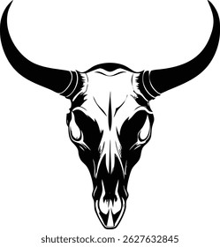 Detailed monochrome vector showcases a stylized bull skull with impressive horns. This image captures the essence of a powerful animal, offering a bold visual statement.