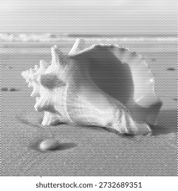 A detailed monotone illustration of a large conch shell resting on beach sand. This coastal design represents island life, beachcombing, and ocean treasures. Perfect for travel agency brochures, seafood restaurant branding, and maritime home decor. The halftone dots simulate the grit of the sand and the weathered surface of the shell. Scalable vector artwork for impactful and serene seaside visuals.