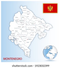 Detailed Montenegro administrative map with country flag and location on a blue globe. Vector illustration