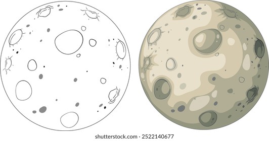 Ilustração detalhada da lua em cores e contorno