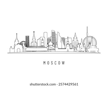 Detailed Moscow skyline vector illustration. Moscow buildings in line art style, perfect for modern designs.