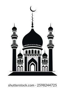 Detailed Mosque with crescent moon icon on top, vector illustration