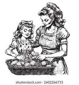Detailed mother and daughter scene preparing Easter treats with festive elements
